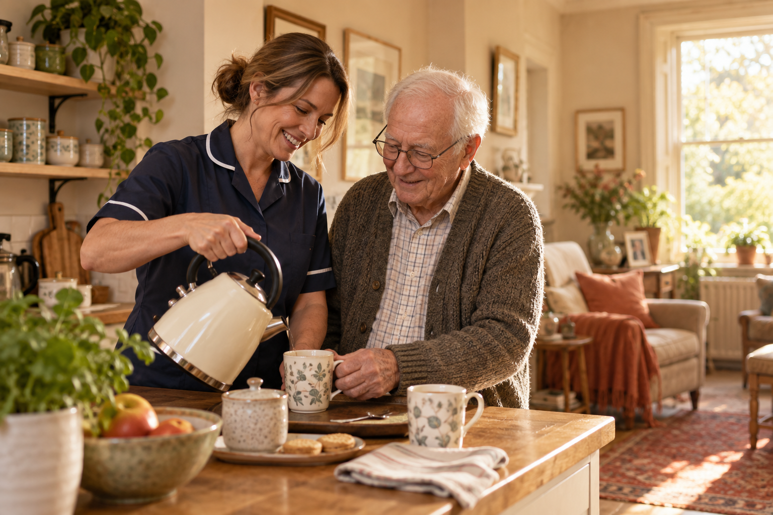 Caregiver sharing tea with an older man at home