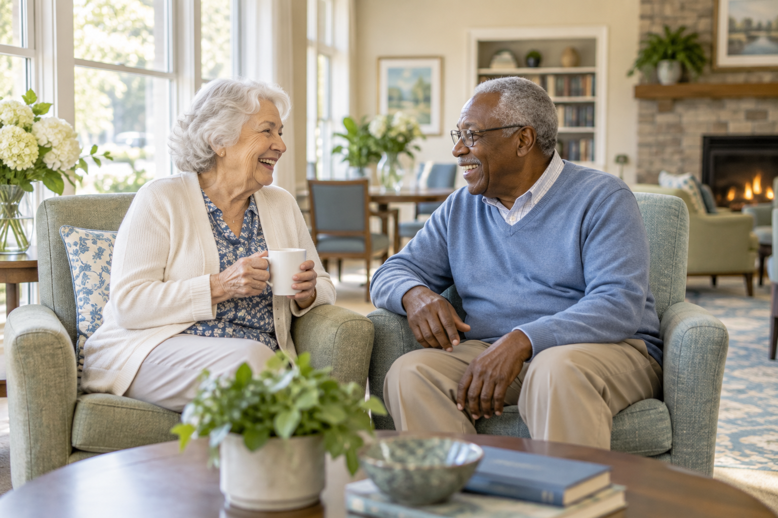 Older adults talking in a bright community room