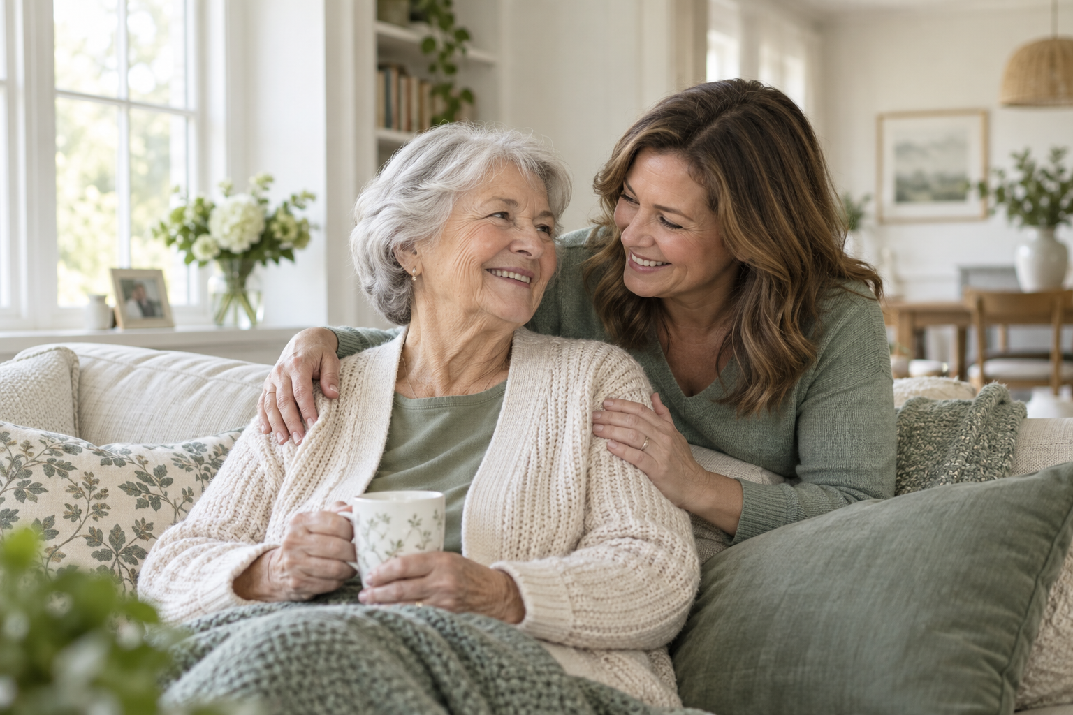 Older woman and adult daughter smiling together at home